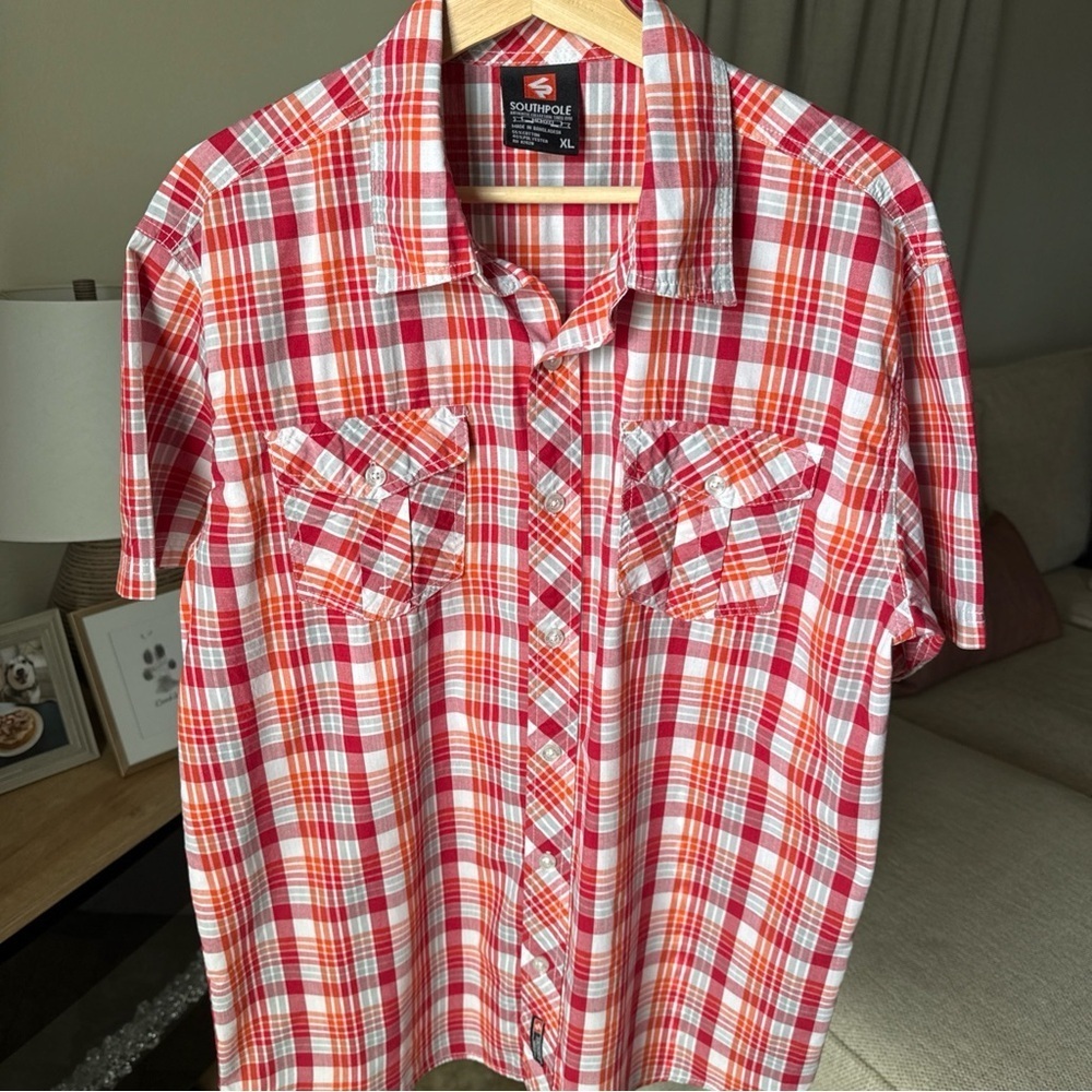 Southpole Men’s S/S Red/white/orange Plaid Button Shirt Size XL